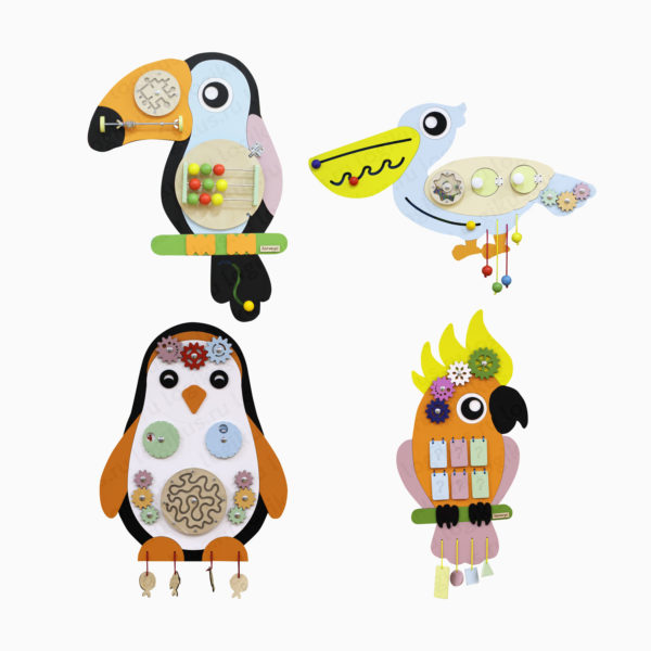 Набор бизибордов "Экзотические птицы". Для оформления стен в детском саду, в дошкольном учреждении.
